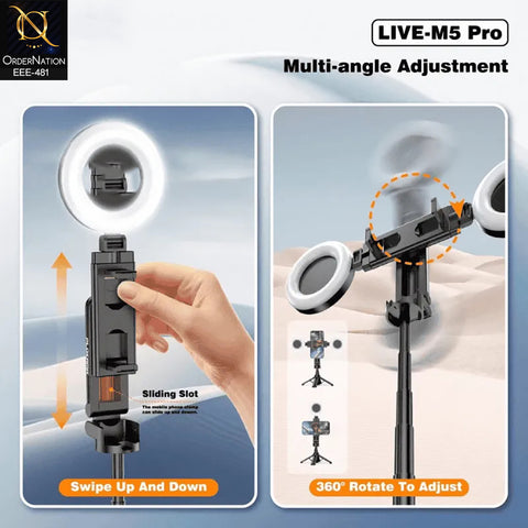 Plokama LIVE-M5 Pro 3-in-1 Handle Tripod Selfie Stick with Dual LED Ring Lights