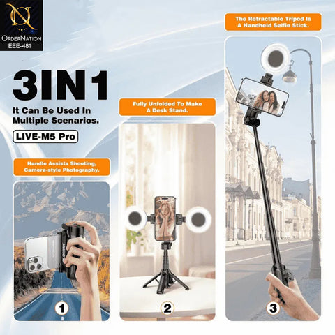 Plokama LIVE-M5 Pro 3-in-1 Handle Tripod Selfie Stick with Dual LED Ring Lights