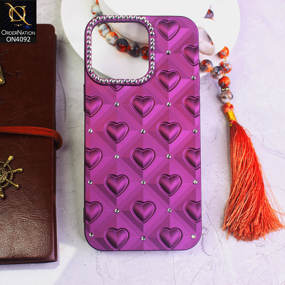 iPhone 15 Pro Max Cover - Purple -  Cute Luxury Heart Bling Rhinestones Diamond Sparkle Shiny Soft TPU Silicone Shockproof Slim Protective Phone Case