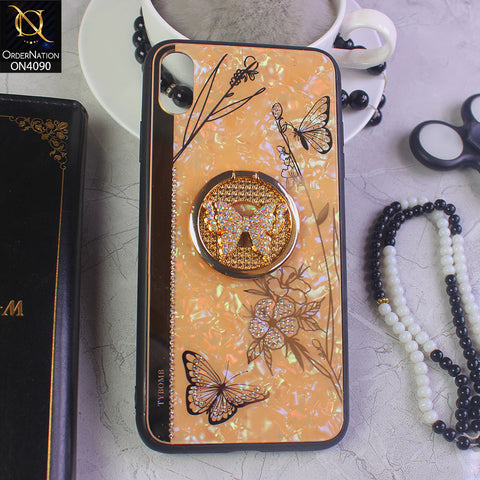 iPhone XS / X  Cover - Golden - Cute Bling Diamond Butterfly Flower with Ring Stand,Glitter Girly Pearl Back Soft Silicone Cover