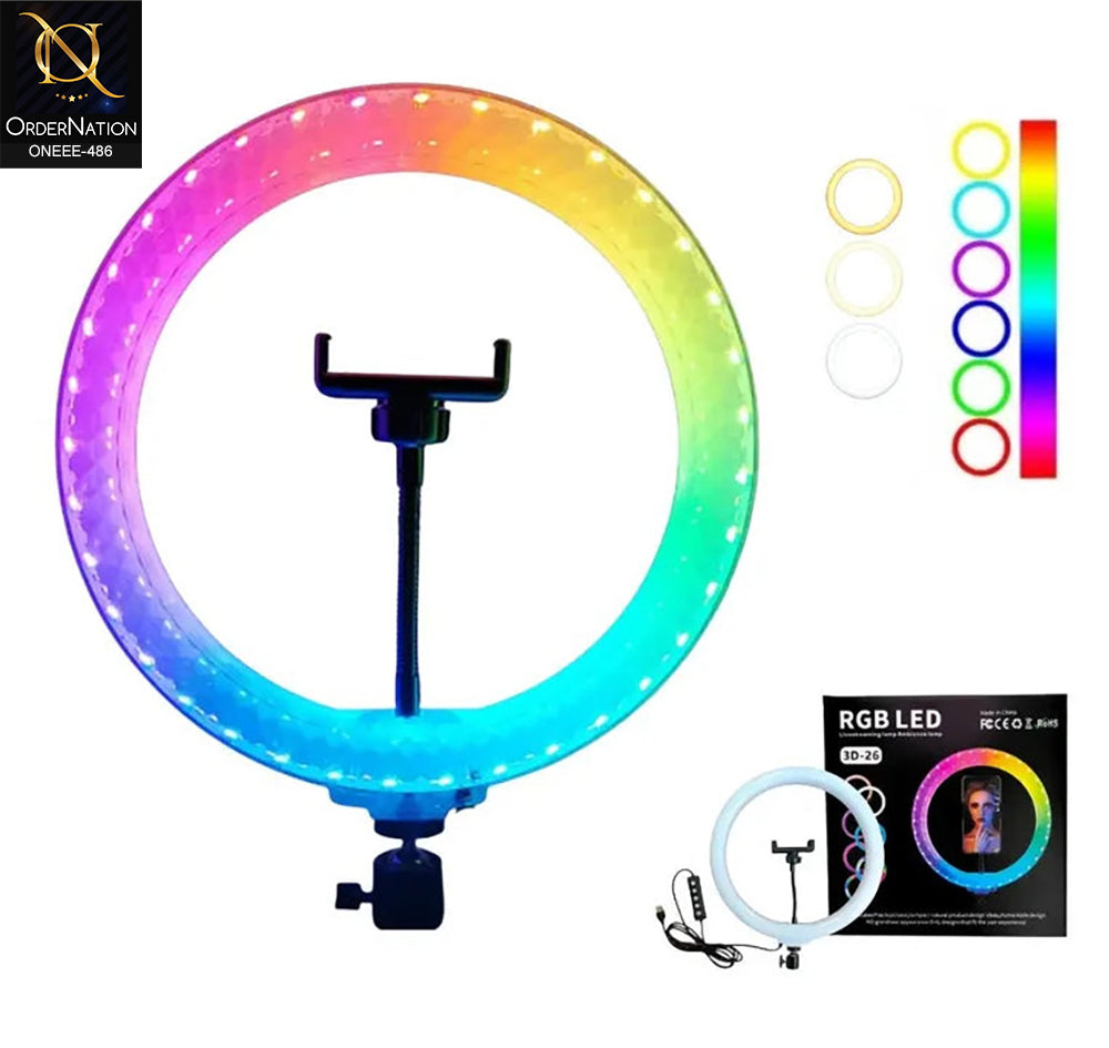 3D-26 RGB LED Ring Light with Phone Holder for Livestreaming & Ambience Lighting (Without stand)