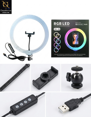 3D-26 RGB LED Ring Light with Phone Holder for Livestreaming & Ambience Lighting (Without stand)