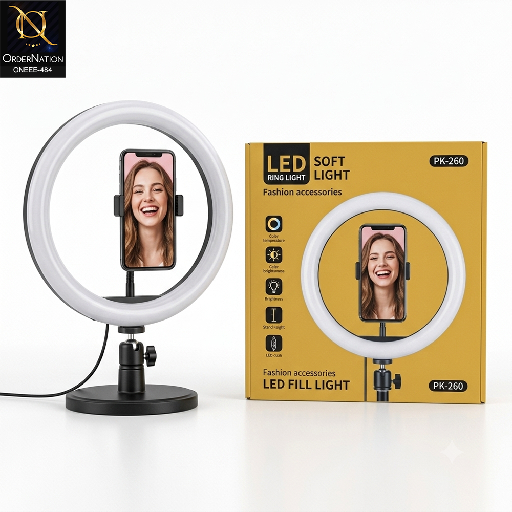 PK-260 Professional LED Ring Light with Mobile Holder for Content Creation, Live Streaming & Photography