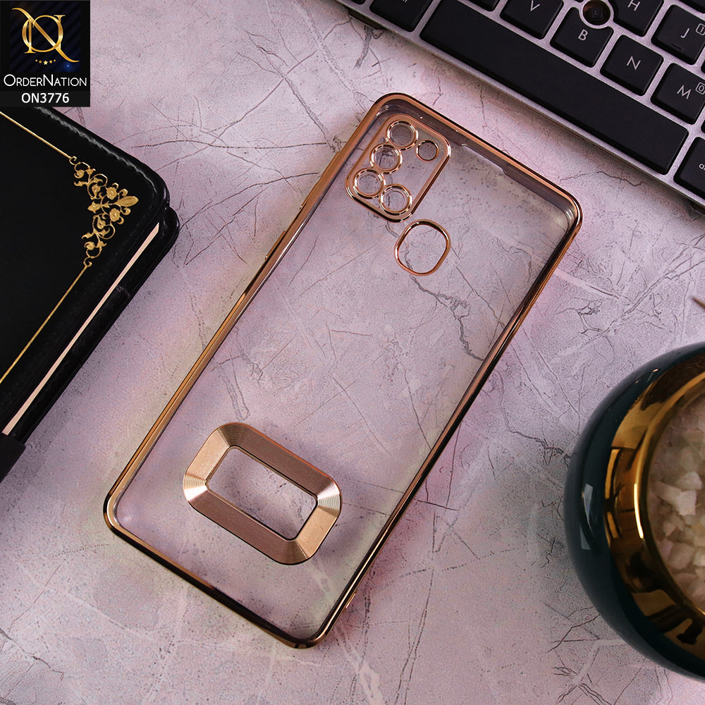 Samsung Galaxy A21s - Gold - Electroplating Borders Logo Hole Camera Lens Protection Soft Silicone Case