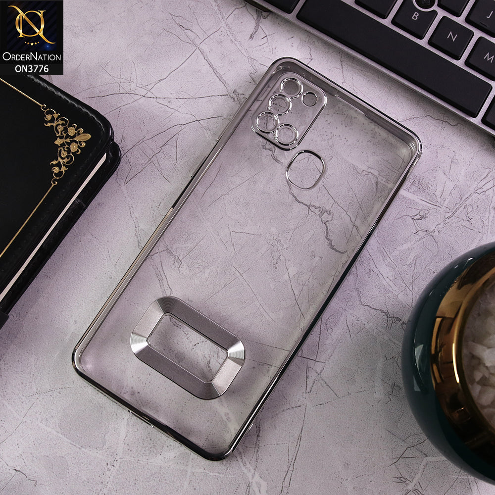 Samsung Galaxy A21s - Silver - Electroplating Borders Logo Hole Camera Lens Protection Soft Silicone Case