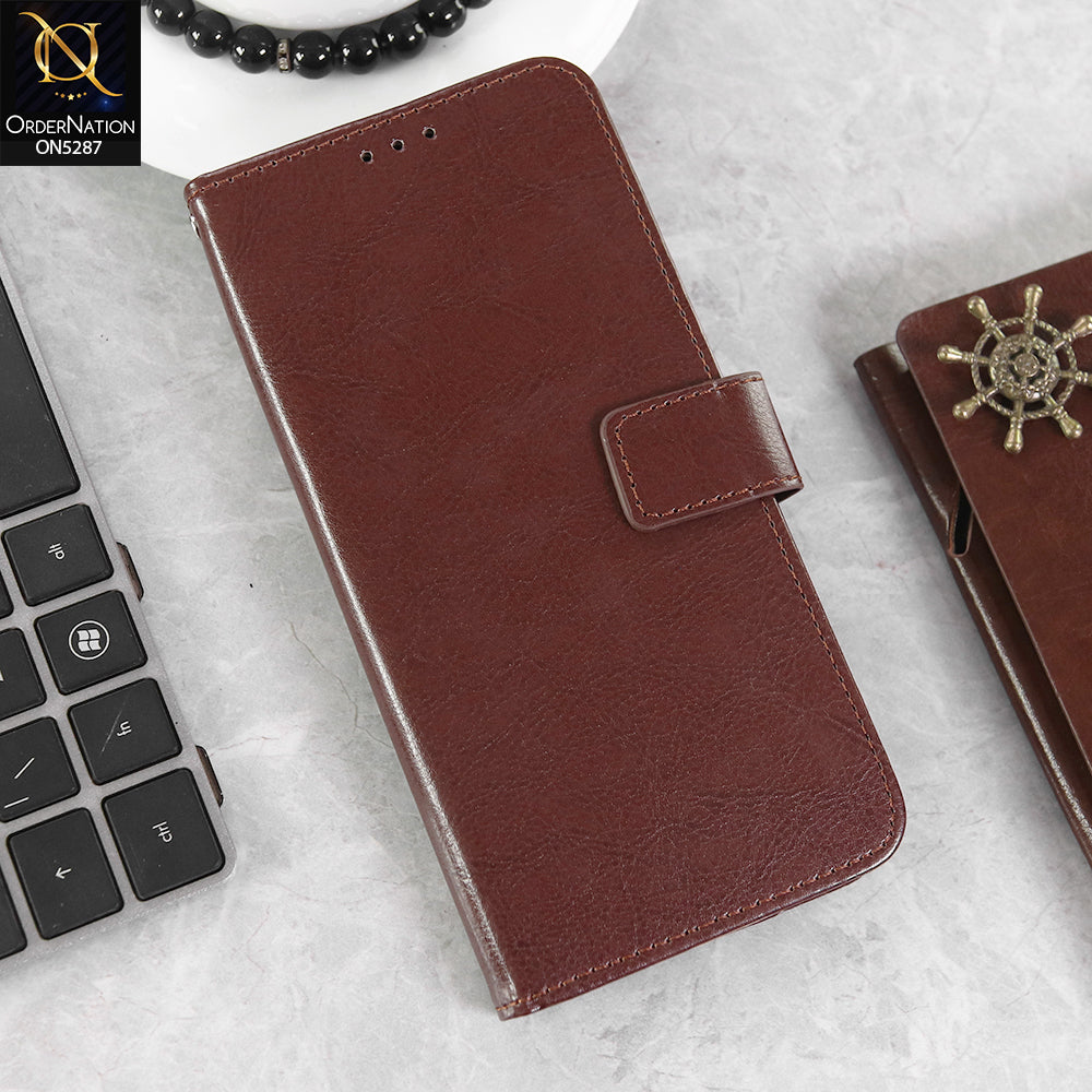 Infinix Hot 9 Pro Cover - Brown -  Premium PU Leather Magnetic Flip Book Card Slots Wallet Soft Case