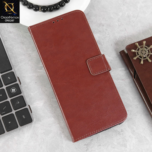 Oppo F19 Cover - Brown -  Premium PU Leather Magnetic Flip Book Card Slots Wallet Soft Case