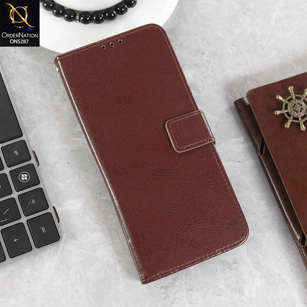 Oppo A15 Cover - Brown -  Premium PU Leather Magnetic Flip Book Card Slots Wallet Soft Case