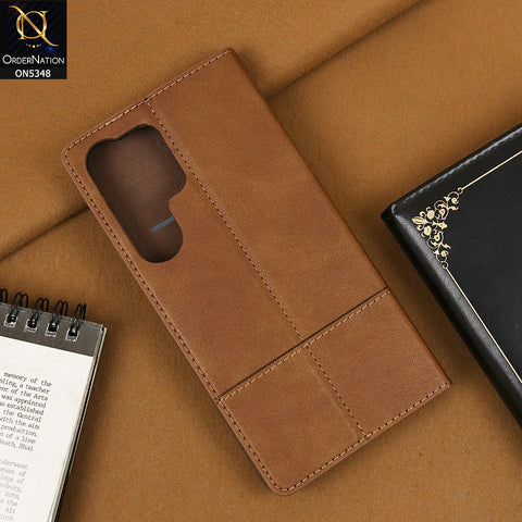 Samsung Galaxy S25 Ultra Cover - Brown - Classic Leather Rich Boss Wallet Magnetic Flip Book Case