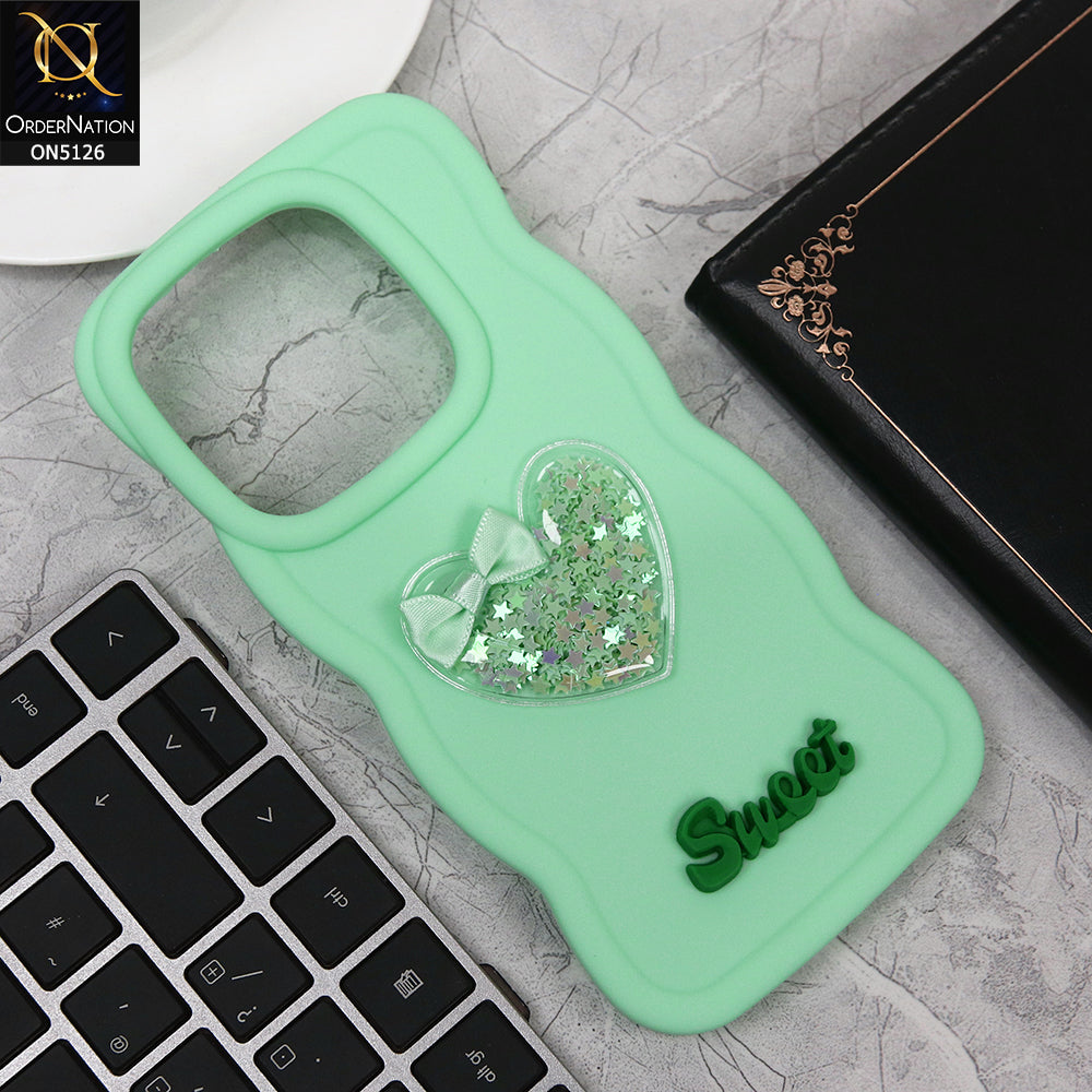 Vivo V30e Cover - Light Green - New Trendy 3D Love Heart (Moving Shiny Stars Glitter) & Bow Sweet Candy Color Soft Silicon Case