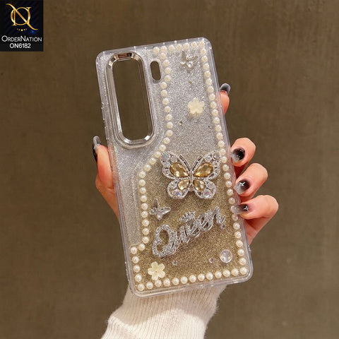 Tecno Camon 40 Pro Cover - Yellow - Shiny Glitter Pearl Border Phone Case with Premium 3D Rhinestone Crown Style Back Cover