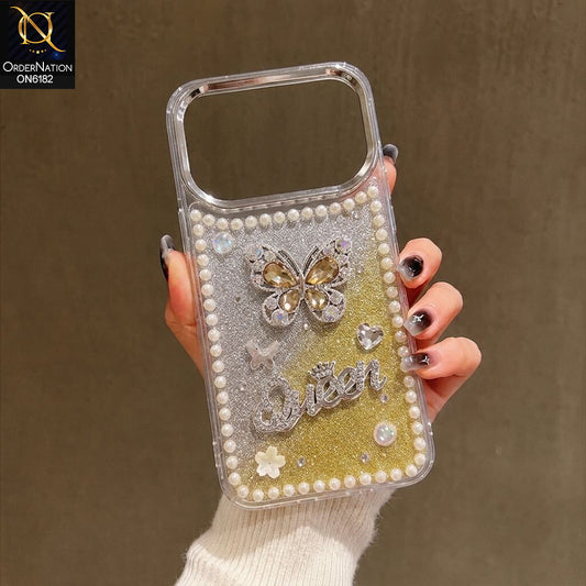 Infinix Note 60 Cover - Yellow - Shiny Glitter Pearl Border Phone Case with Premium 3D Rhinestone Crown Style Back Cover