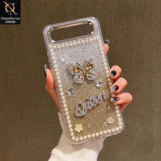 Infinix Smart 10 Plus Cover - Yellow - Shiny Glitter Pearl Border Phone Case with Premium 3D Rhinestone Crown Style Back Cover