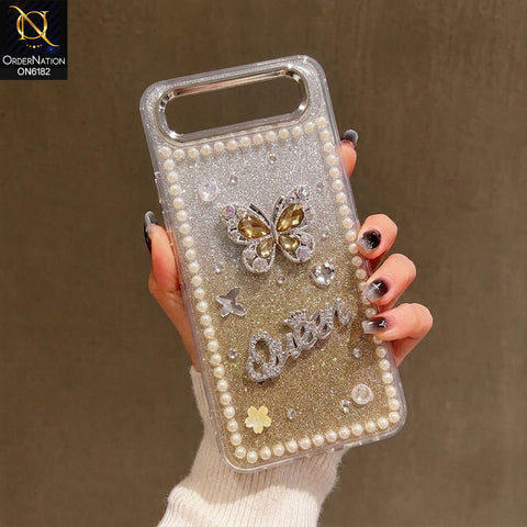 Infinix Smart 10 Plus Cover - Yellow - Shiny Glitter Pearl Border Phone Case with Premium 3D Rhinestone Crown Style Back Cover