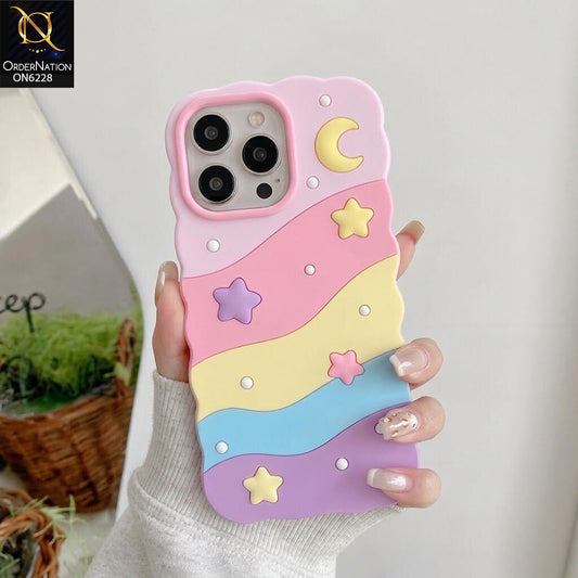 iPhone 15 Pro Max Cover - Pink - Pastel Rainbow Phone Case with 3D Flowers & Moon