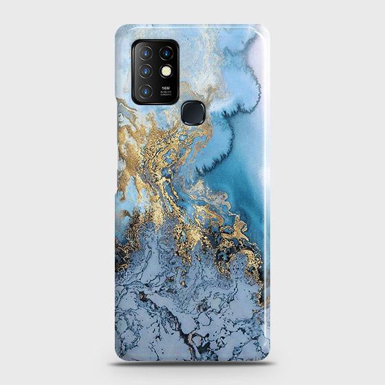 Infinix Hot 10 Cover - Trendy Golden & Blue Ocean Marble Printed Hard Case with Life Time Colors Guarantee (Fast Delivery)