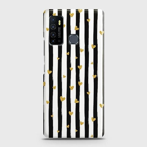 Tecno Camon 15 Cover - Trendy Black & White Lining With Golden Hearts Printed Hard Case with Life Time Colors Guarantee ( Fast Delivery )