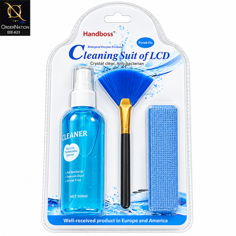 Handboss 3-in-1 Screen Cleaning Kit with 100ml Spray, Brush & Microfiber Cloth for Mobile, Laptop, TV & Monitor