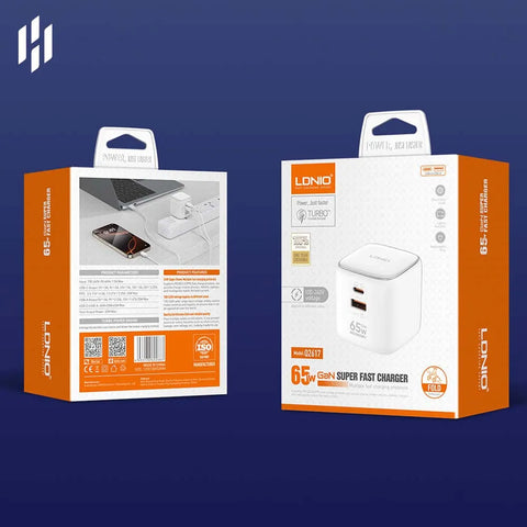 LDNIO Q2617 65W Gan Super Fast Charger – Type – C + Type – A Cable EU Plug - White