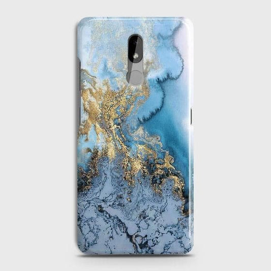 Nokia 3.2 Cover - Trendy Golden & Blue Ocean Marble Printed Hard Case with Life Time Colors Guarantee ( Fast Delivery )