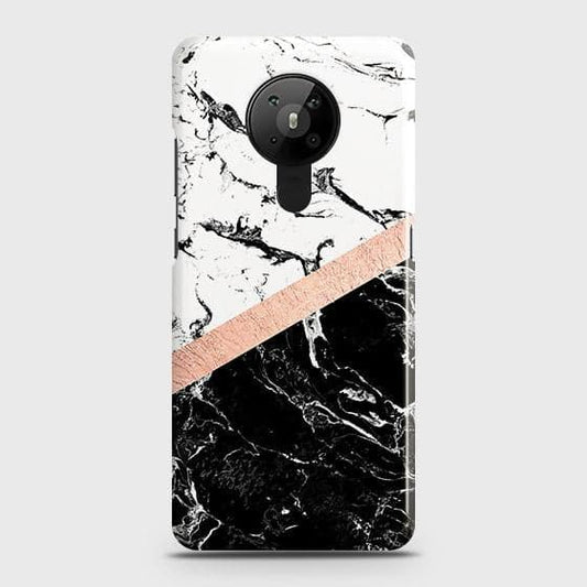Nokia 5.3 Cover - Black & White Marble With Chic RoseGold Strip Case with Life Time Colors Guarantee (Fast Delivery)