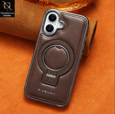 iPhone 17 - Coffee Brown - New Rimbmax High Quality Leather Case With Metal Camera Ring And KickStand