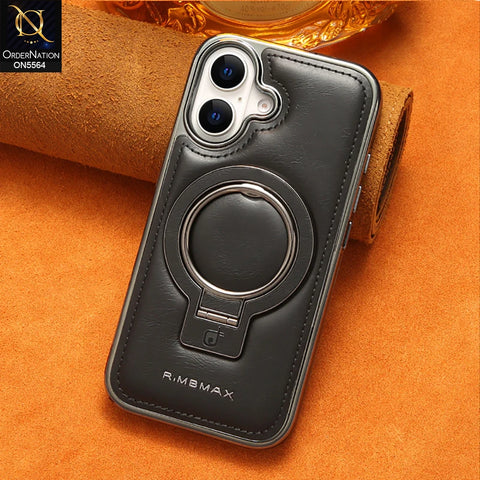 iPhone 17 - Black - New Rimbmax High Quality Leather Case With Metal Camera Ring And KickStand