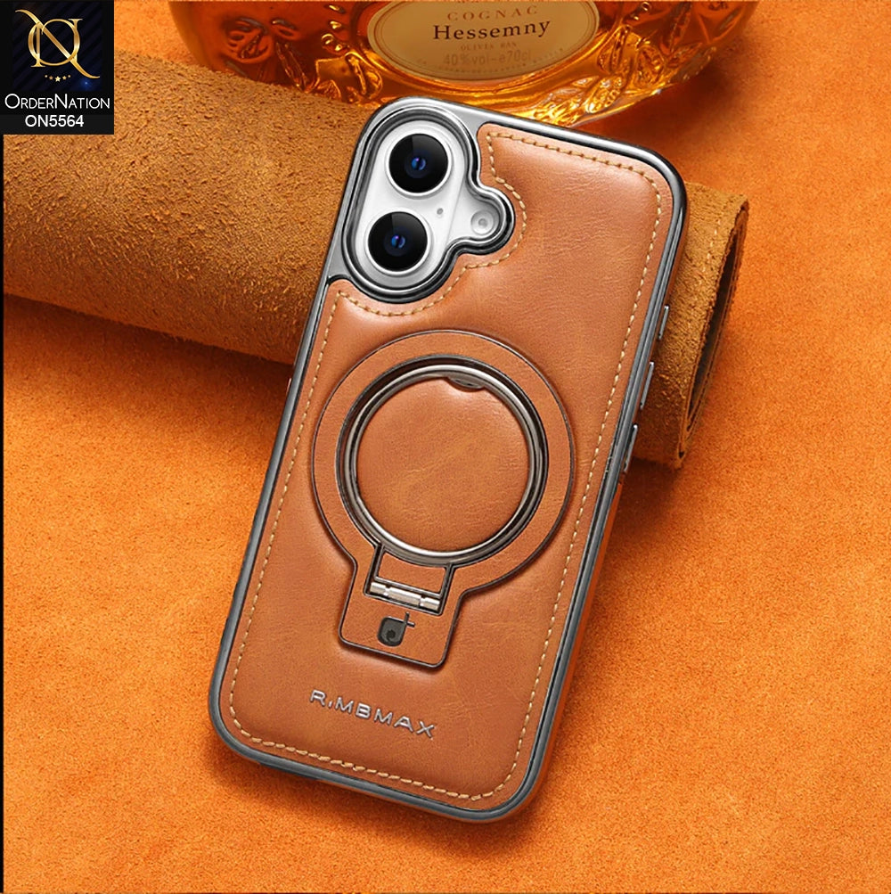 iPhone 17 - Brown - New Rimbmax High Quality Leather Case With Metal Camera Ring And KickStand