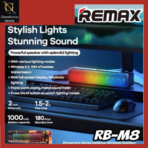 REMAX RB-M8 WIRELESS BLUETOOTH V5.0 PORTABLE SPEAKER HIFI AUDIO SUPER BASS RGB LED LIGHT - Grey