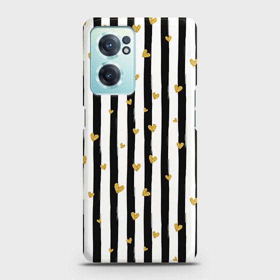 OnePlus Nord CE 2 5G Cover - Trendy Black & White Lining With Golden Hearts Printed Hard Case with Life Time Colors Guarantee (Fast Delivery)