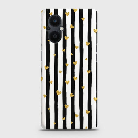 Oppo Reno7 Z 5G Cover - Trendy Black & White Lining With Golden Hearts Printed Hard Case with Life Time Colors Guarantee (Fast Delivery)