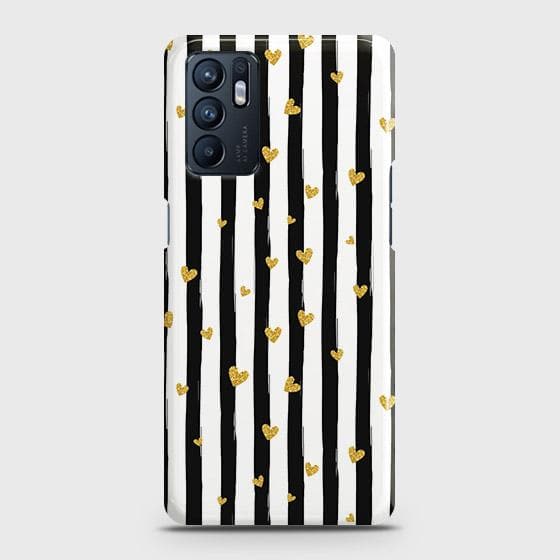 Oppo Reno 6 4G Cover - Trendy Black & White Strips With Golden Hearts Printed Hard Case with Life Time Colors Guarantee ( Fast Delivery )