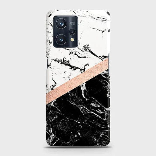 Realme V25 Cover - Matte Finish - Black & White Marble With Chic RoseGold Strip Case with Life Time Colors Guarantee