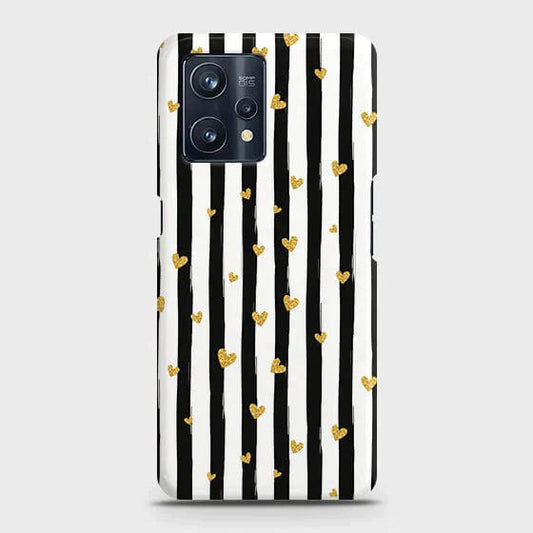 Realme V25 Cover - Matte Finish - Matte Finish - Trendy Black & White Lining With Golden Hearts Printed Hard Case with Life Time Colors Guarantee