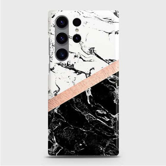 Samsung Galaxy S24 Ultra 5G Cover - Black & White Marble With Chic RoseGold Strip Case with Life Time Colors Guarantee