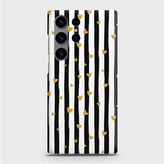 Samsung Galaxy S24 Ultra 5G Cover - Trendy Black & White Lining With Golden Hearts Printed Hard Case with Life Time Colors Guarantee