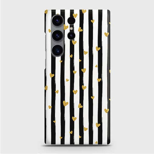 Samsung Galaxy S24 Ultra 5G Cover - Trendy Black & White Lining With Golden Hearts Printed Hard Case with Life Time Colors Guarantee