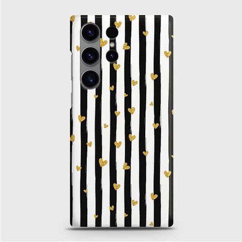 Samsung Galaxy S24 Ultra 5G Cover - Trendy Black & White Lining With Golden Hearts Printed Hard Case with Life Time Colors Guarantee