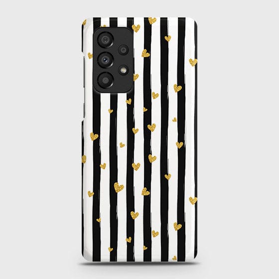 Samsung Galaxy A23 Cover - Trendy Black & White Lining With Golden Hearts Printed Hard Case with Life Time Colors Guarantee ( Fast Delivery )