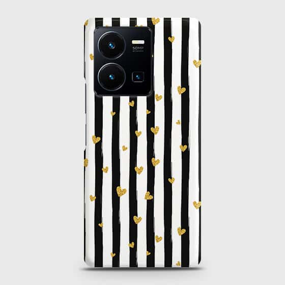 Vivo Y35 4G Cover - Trendy Black & White Lining With Golden Hearts Printed Hard Case with Life Time Colors Guarantee (Fast Delivery)
