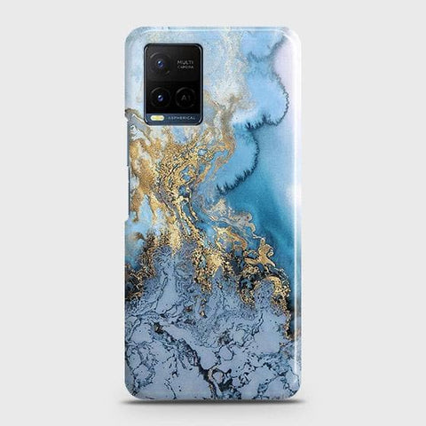 Vivo Y33t Cover - Trendy Golden & Blue Ocean Marble Printed Hard Case with Life Time Colors Guarantee ( Fast Delivery )