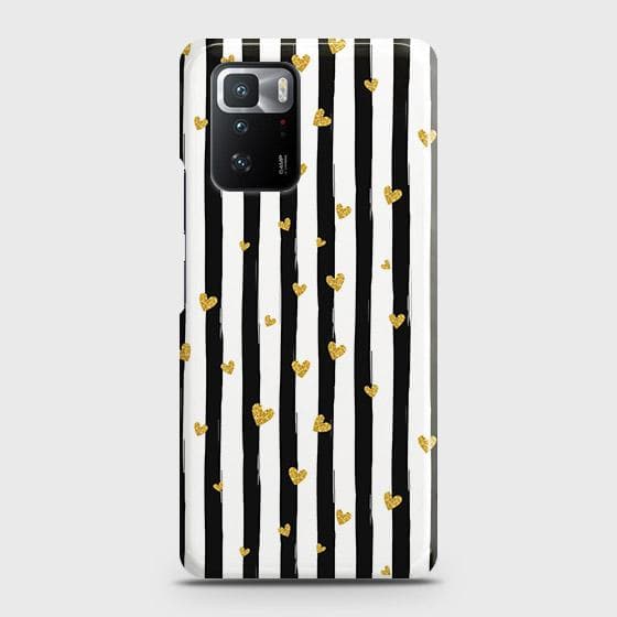 Xiaomi Poco X3 GT Cover - Trendy Black & White Strips With Golden Hearts Printed Hard Case with Life Time Colors Guarantee ( Fast Delivery )