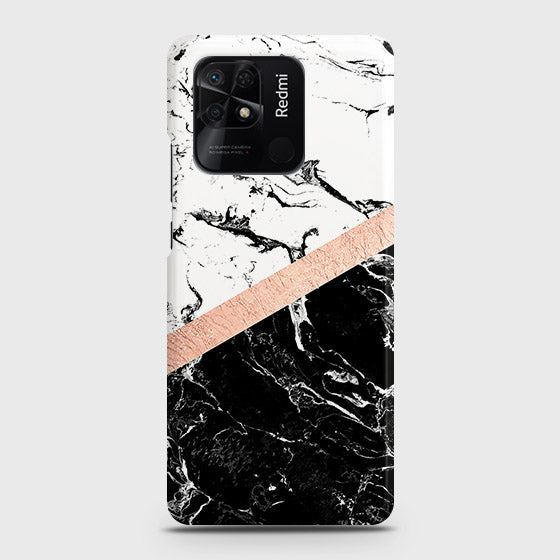 Xiaomi Redmi 10C Cover - Black & White Marble With Chic RoseGold Strip Case with Life Time Colors Guarantee (Fast Delivery)