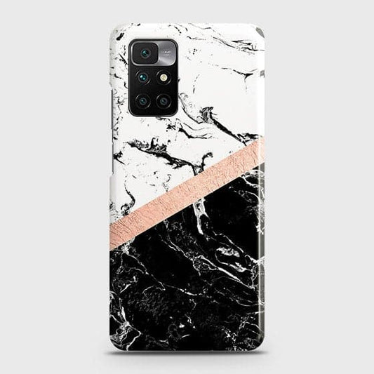 Xiaomi Redmi 10 Prime Cover - Black & White Marble With Chic RoseGold Strip Case with Life Time Colors Guarantee