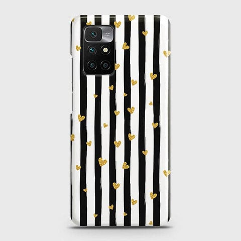 Xiaomi Redmi 10 Cover - Trendy Black & White Strips With Golden Hearts Printed Hard Case with Life Time Colors Guarantee ( Fast Delivery )