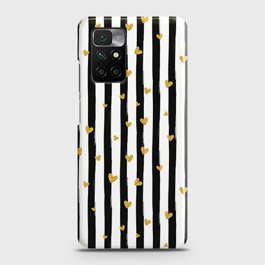 Xiaomi Redmi 10 Prime Cover - Trendy Black & White Strips With Golden Hearts Printed Hard Case with Life Time Colors Guarantee