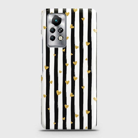 Infinix Note 11 Pro Cover - Trendy Black & White Strips With Golden Hearts Printed Hard Case with Life Time Colors Guarantee (Fast Delivery)