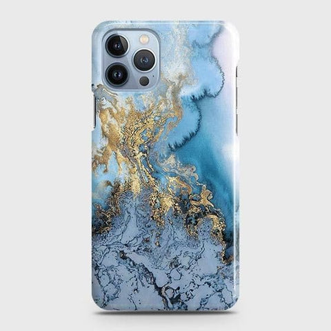 iPhone 13 Pro Max Cover - Trendy Golden & Blue Ocean Marble Printed Hard Case with Life Time Colors Guarantee - B42 (1) ( Fast Delivery )