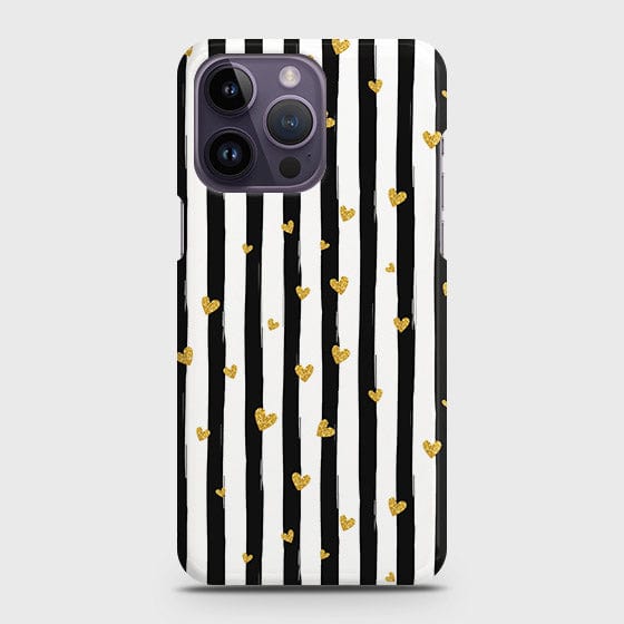 iPhone 14 Pro Max Cover - Trendy Black & White Lining With Golden Hearts Printed Hard Case with Life Time Colors Guarantee (Fast Delivery)