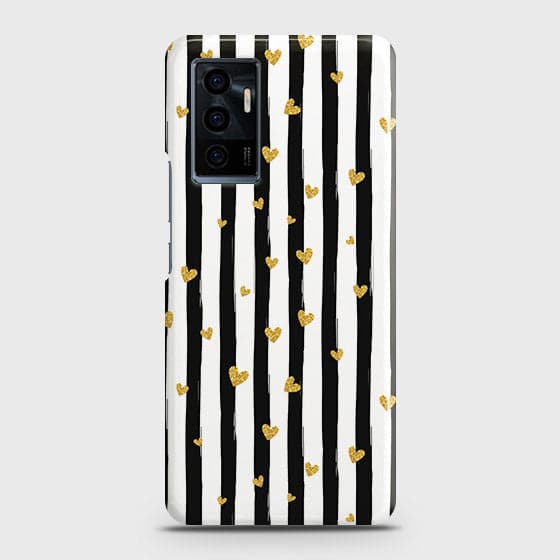 Vivo V23e Cover - Trendy Black & White Strips With Golden Hearts Printed Hard Case with Life Time Colors Guarantee ( Fast Delivery )